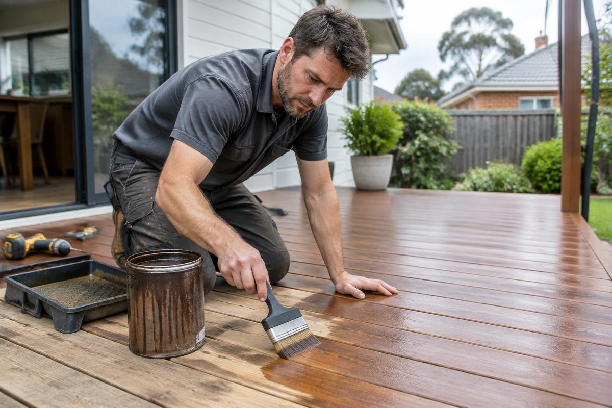 Handyman carefully restoring a residential timber deck