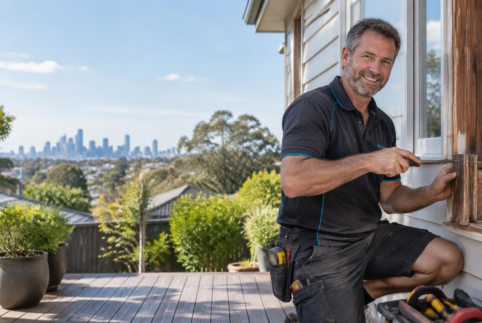 Professional handyman repairing a residential timber window